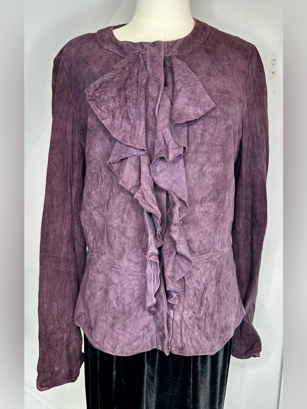 Lafayette 148 Suede Leather Ruffle Front Jacket Size 10 Blackberry Purple
